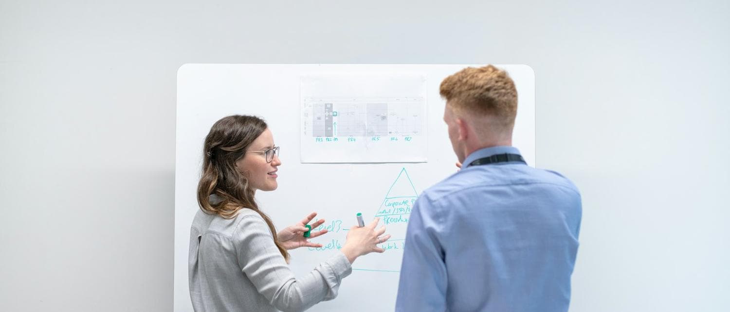 A discovery session mapping workflows onto a wall